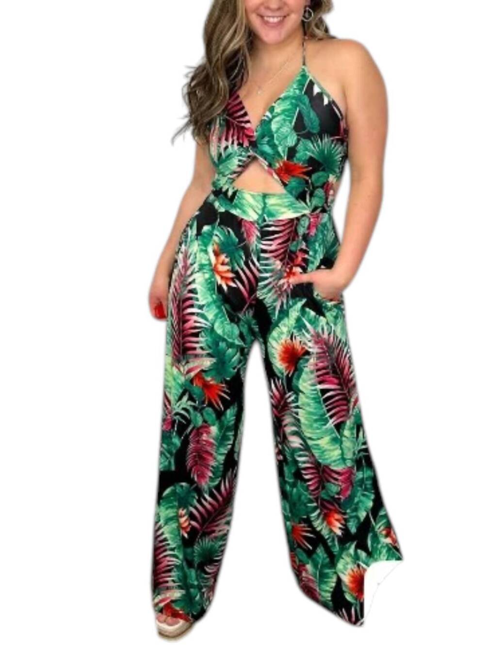 NEW ELDRIDGE i said it all cutout wide leg jumpsuit in tropical